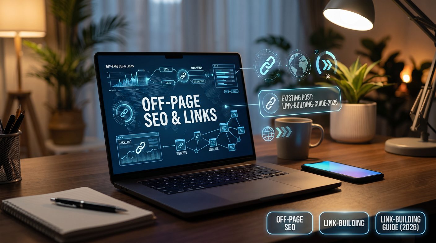 How to build backlinks in Sri Lanka: laptop showing off-page SEO and links dashboard with backlink network diagram