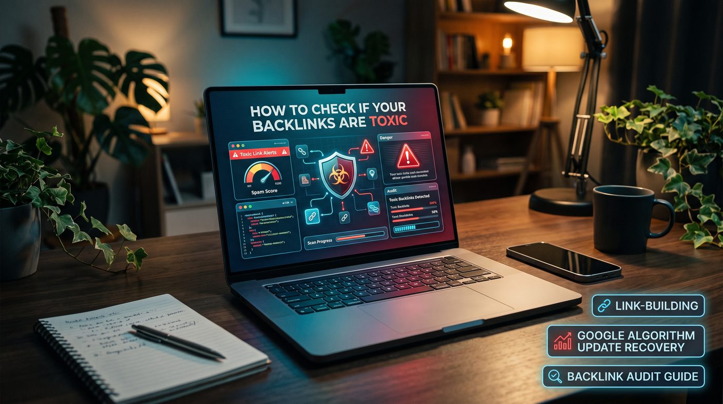 How to check if your backlinks are toxic: laptop showing toxic link alerts, spam score gauge and backlink audit panels
