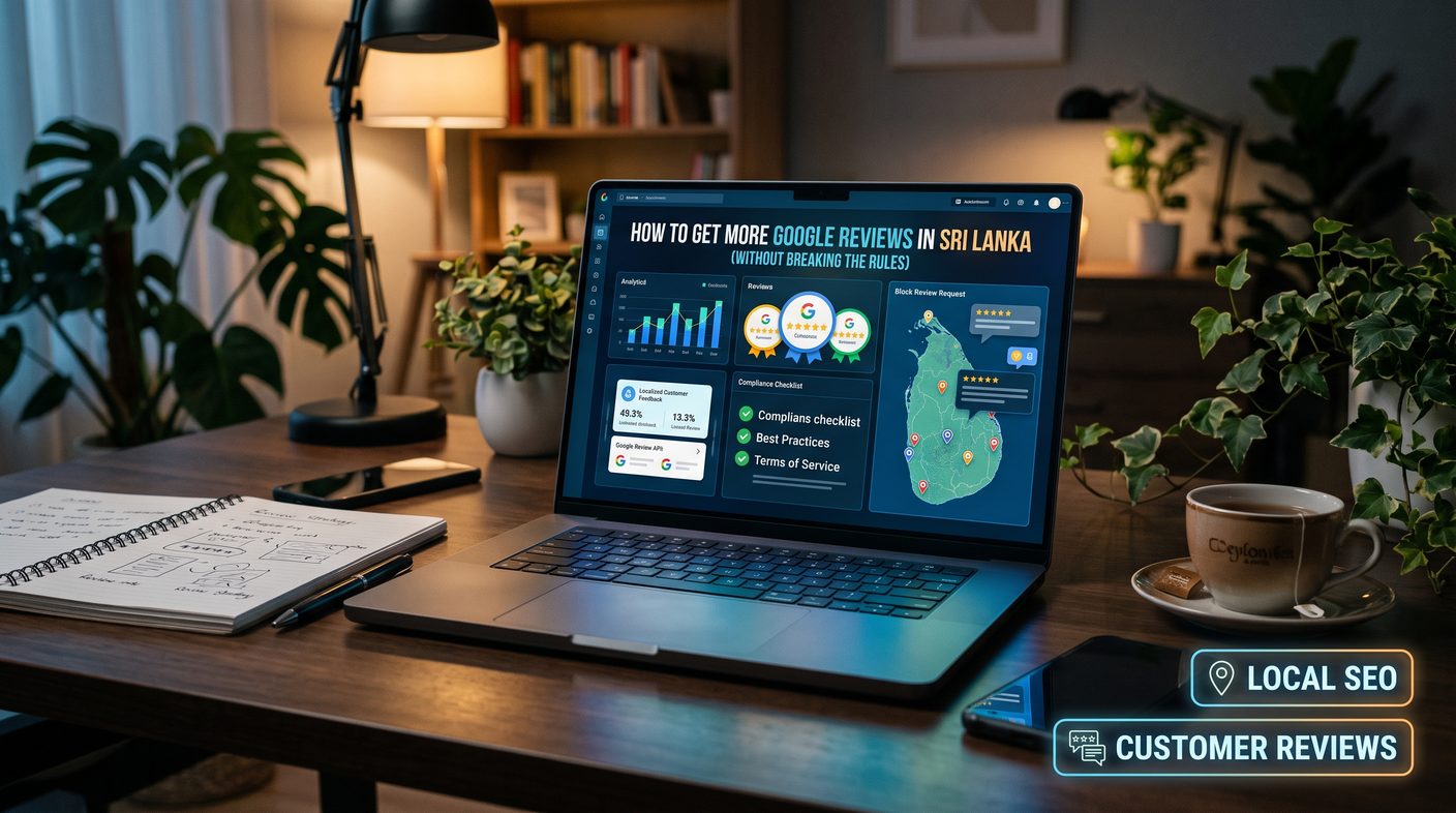 How to get more Google reviews in Sri Lanka without breaking the rules: laptop showing review badges, compliance checklist and Sri Lanka map