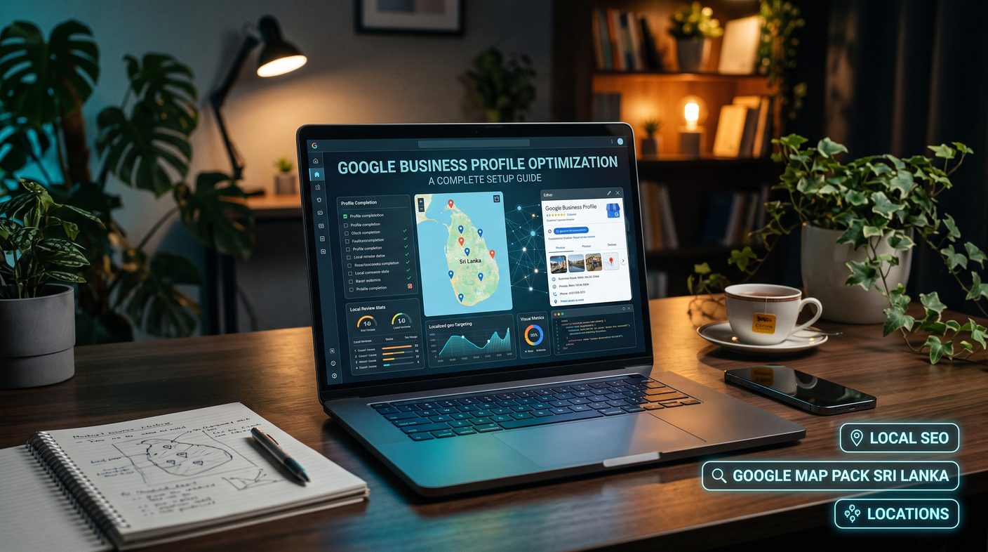 Google Business Profile optimization: a complete setup guide, laptop showing Sri Lanka map, profile completion and review stats