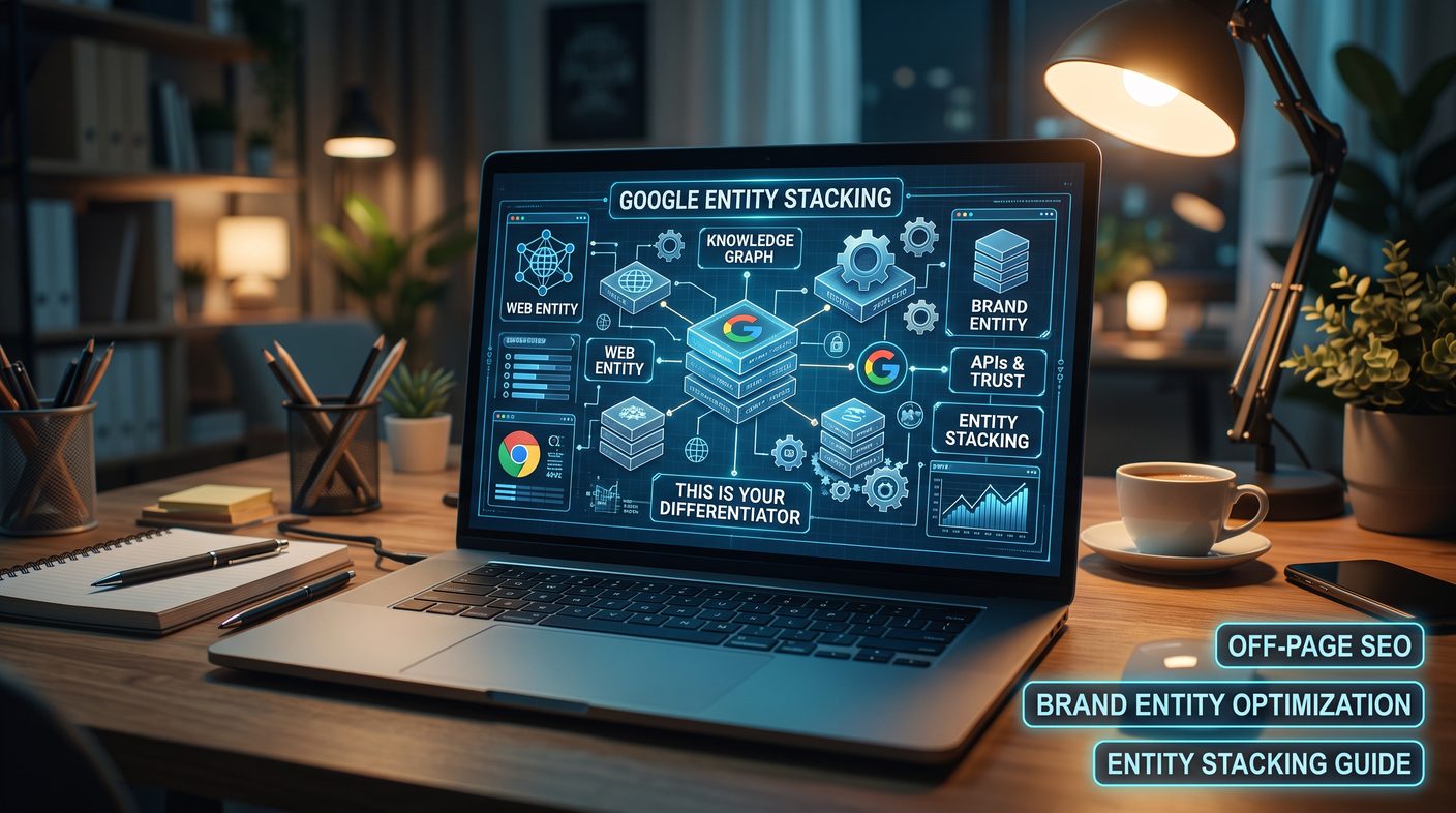 Google entity stacking explained: laptop showing a diagram of web entity, brand entity and knowledge graph connections