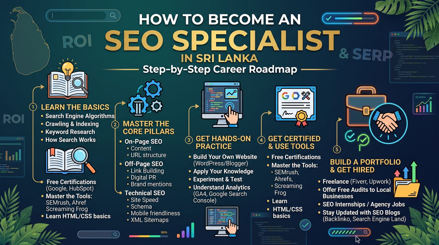 How to become an SEO specialist in Sri Lanka: step-by-step career roadmap covering the basics, core pillars, hands-on practice, certifications and tools, and building a portfolio