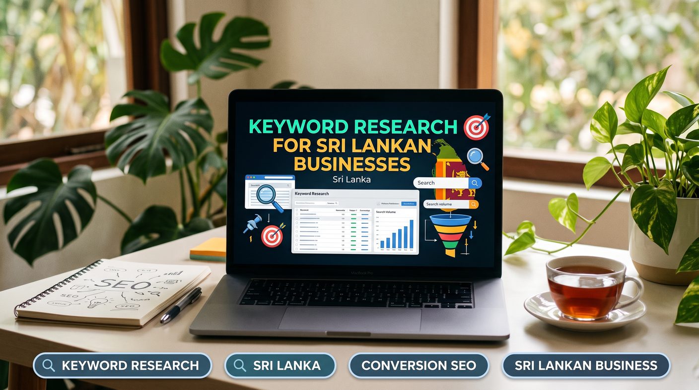 Keyword research for Sri Lankan businesses: laptop showing keyword research tools, search volume chart and a conversion funnel