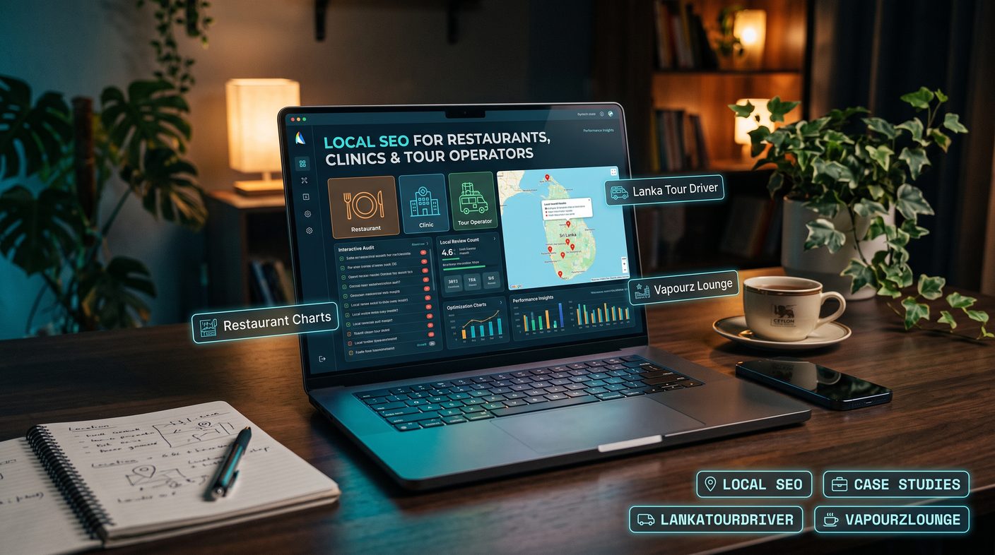 Local SEO for restaurants, clinics and tour operators: laptop showing industry icons, Sri Lanka map and performance charts