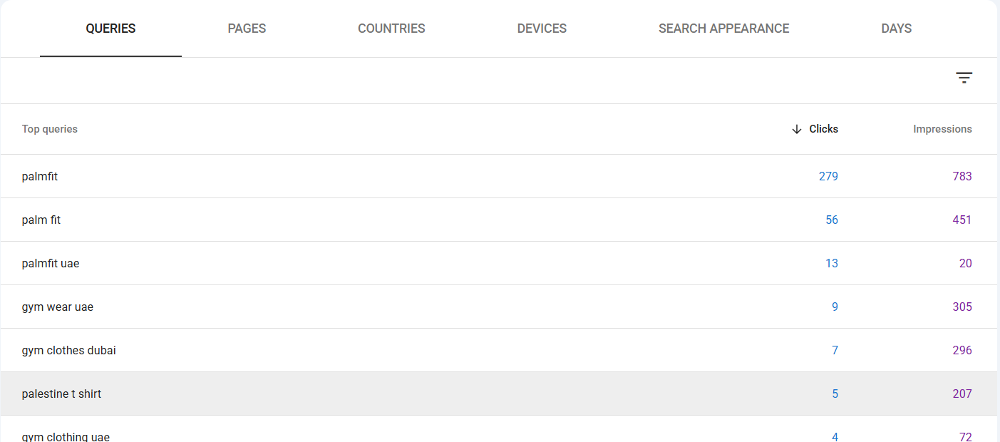 Google Search Console top queries for mypalmfit.com: palmfit, palm fit, palmfit uae, gym wear uae, gym clothes dubai and palestine t shirt, with clicks and impressions