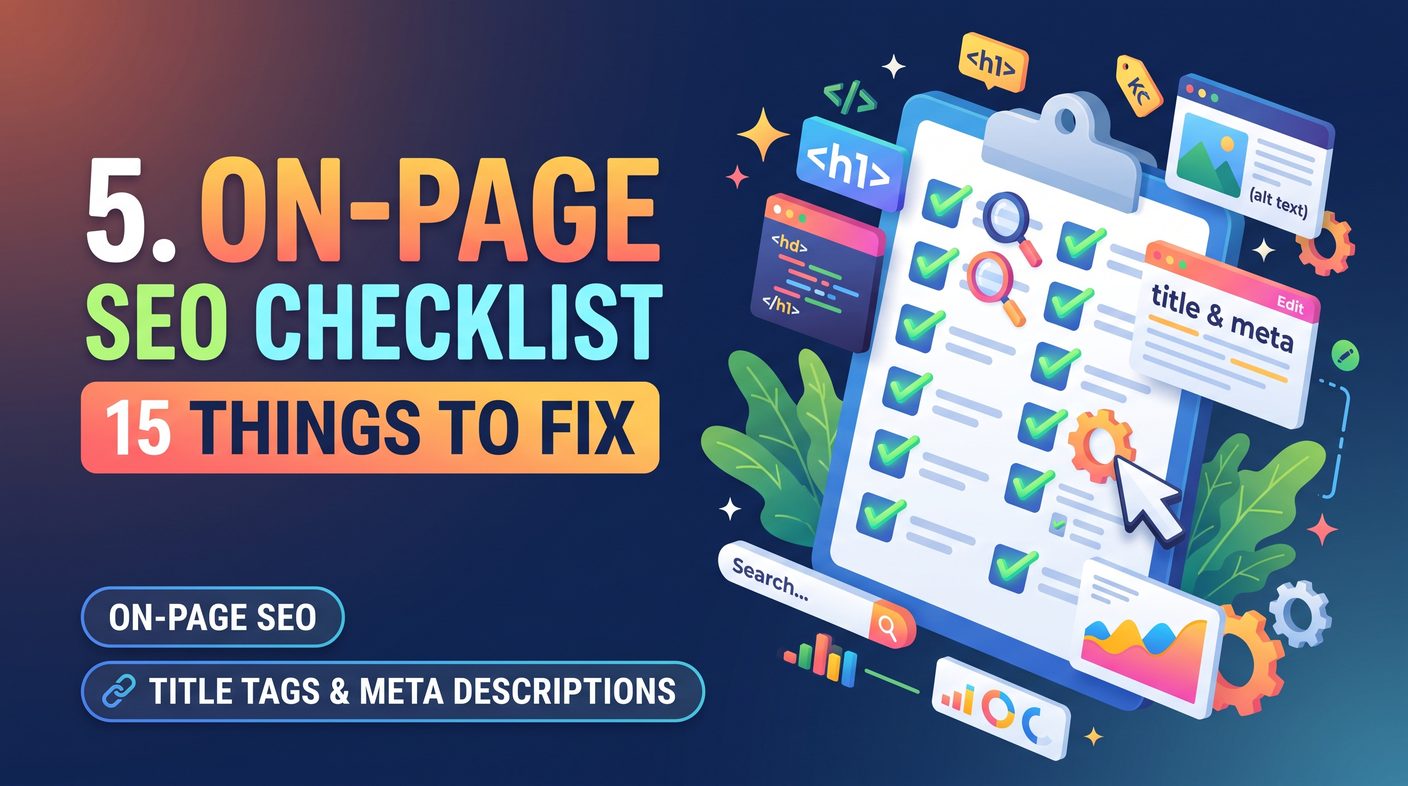 On-page SEO checklist: 15 things to fix on every page, clipboard with H1, title and meta, alt text and analytics icons