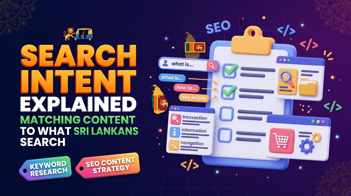 Search intent explained: matching content to what Sri Lankans search, with search bubbles, clipboard checklist and intent types