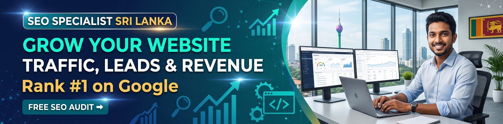 SEO specialist Sri Lanka: Buddhika S Weerasekara reviewing Google Analytics dashboards with Colombo skyline, grow website traffic, leads and revenue, rank #1 on Google