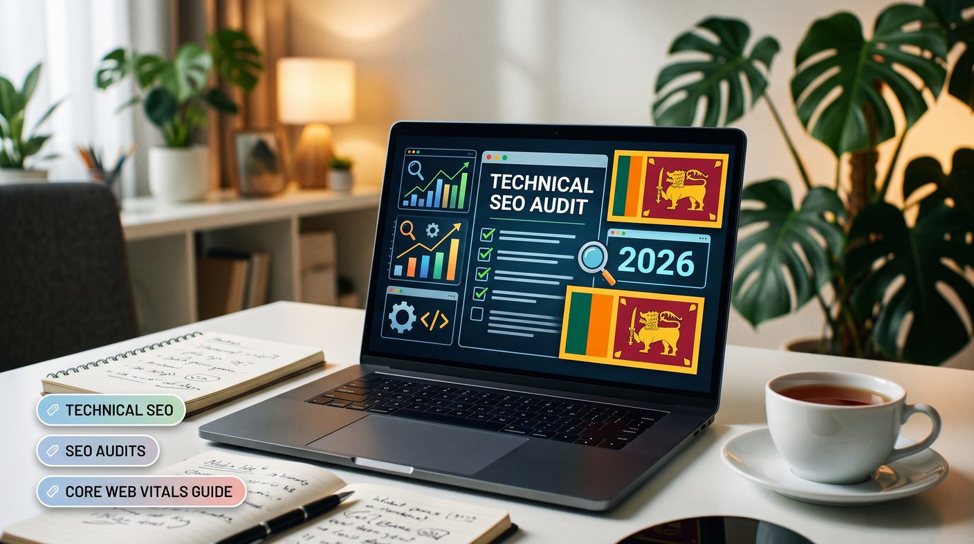 Technical SEO audit checklist for Sri Lanka 2026: laptop showing an audit checklist, analytics charts and the Sri Lankan flag