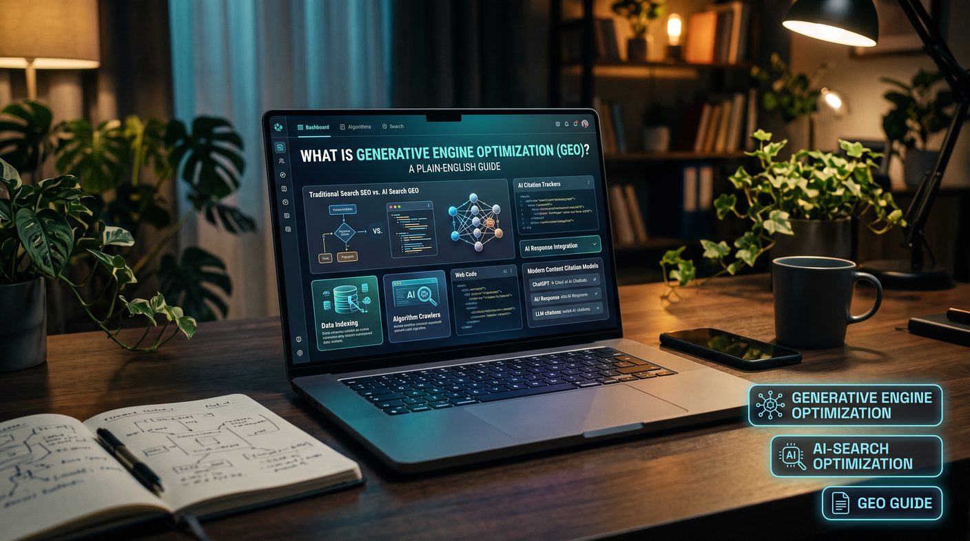What is generative engine optimization (GEO): laptop dashboard comparing traditional search SEO with AI search GEO