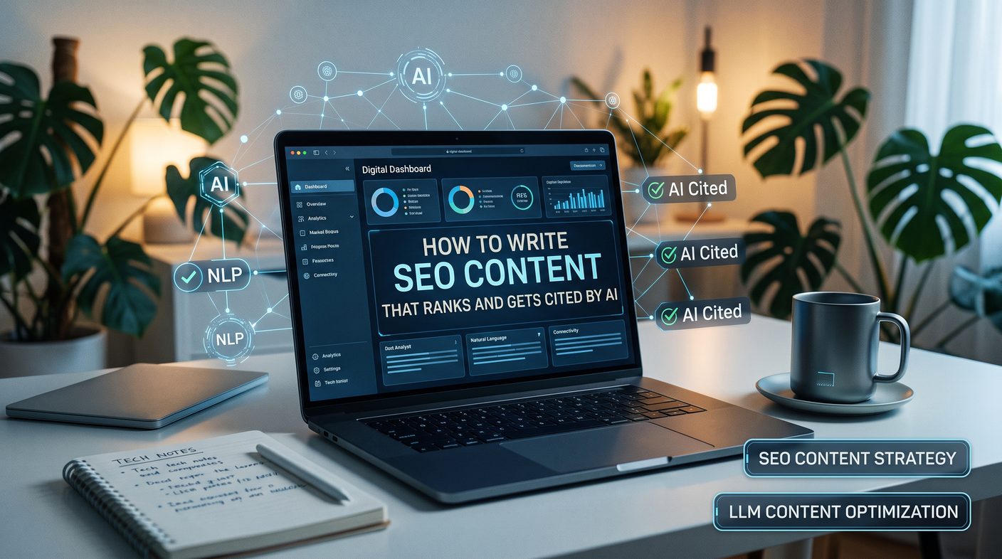 How to write SEO content that ranks and gets cited by AI: laptop dashboard with AI cited and NLP badges